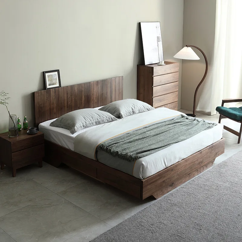 Black walnut high box bed storage all solid wood double master bedroom wedding bed 1.8 meters