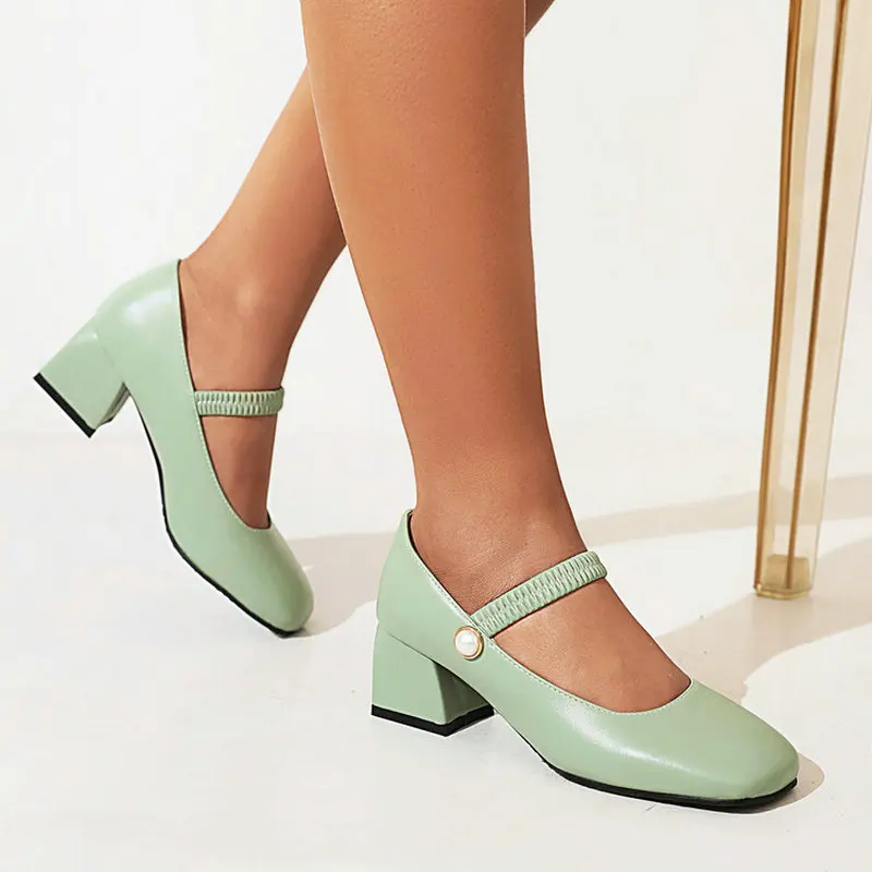 2022 Spring New Ladies Shoes Purple Green Pearls Elastic Strap Square Chunky Heels Pumps Plus Size 47 48 Mary Janes Heels Women