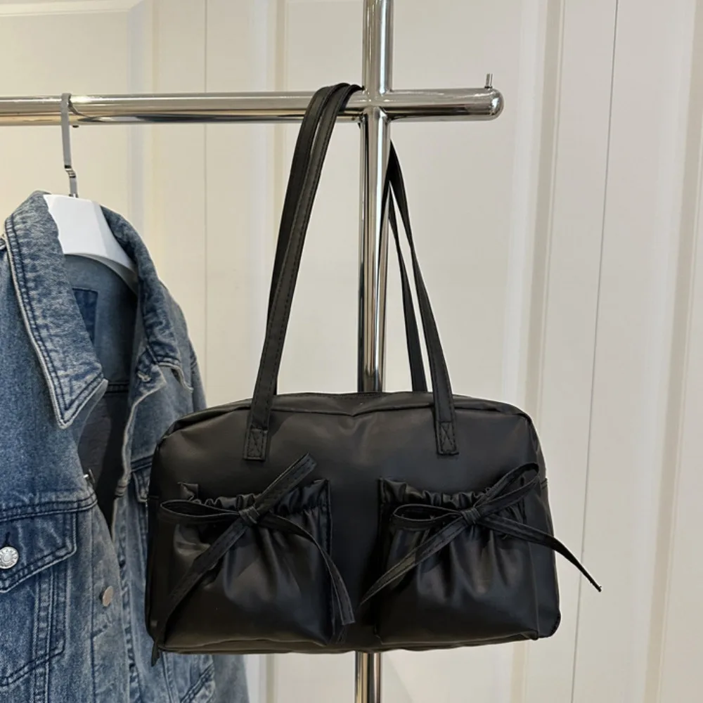 

Fashion French Style Bow Bowling Bag Elegant Bowknot Boston Shoulder Bag Large Capacity PU Leather Women Handbags Girls