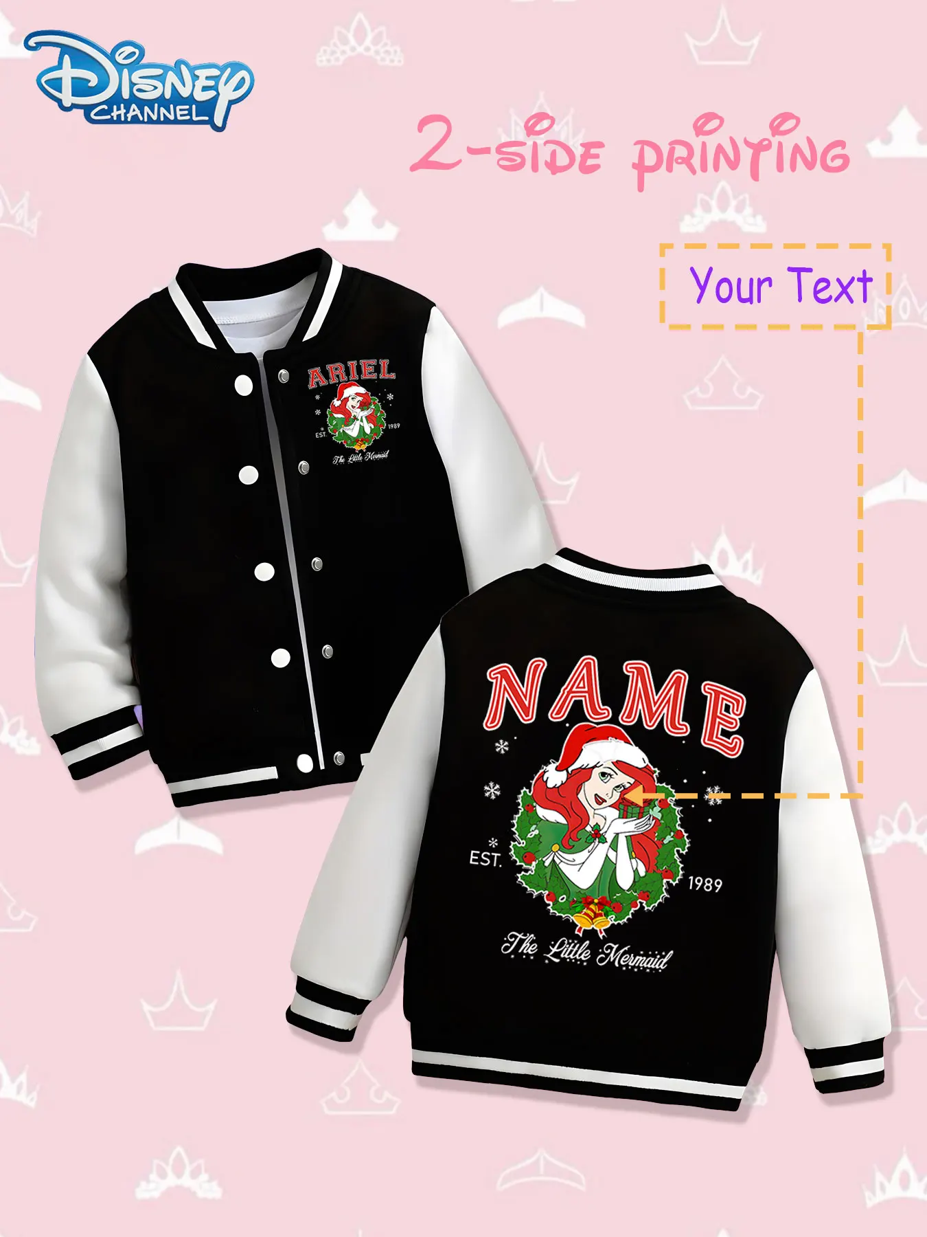 

MINISO Disney Christmas Ariel Girls Baseball Jacket - Double-sided Christmas theme print, warm and appropriate for autumn and wi