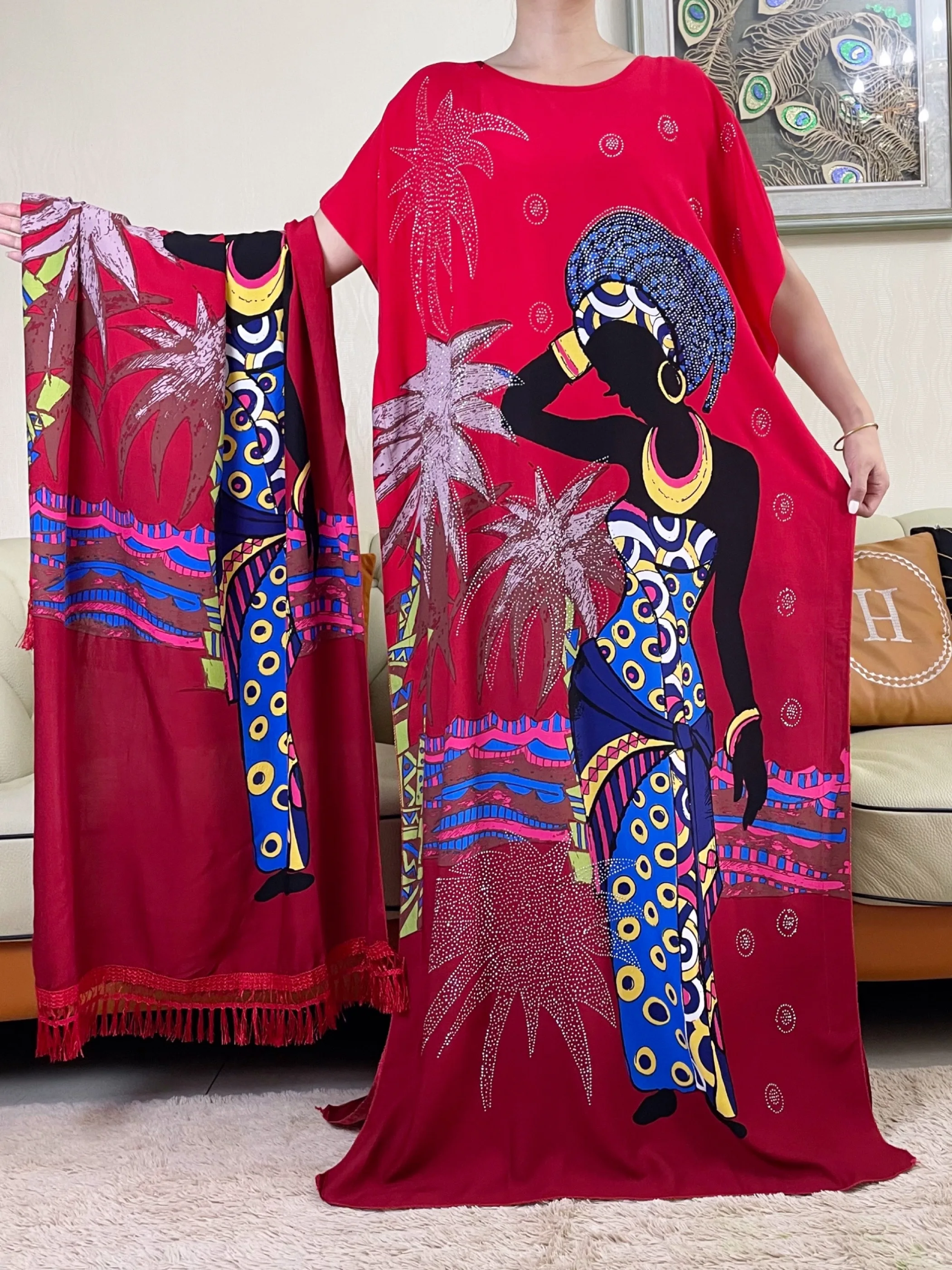 2023African Women\'s Summer Dress With Big Scarf Diamond Cotton Abaya Printed Fabric Muslim Femme Maxi Casual Outfit