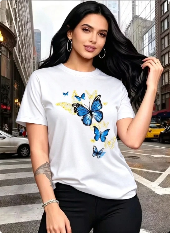 Women Crew Neck Short Sleeve T Shirt Watercolor Butterfly Graphic Print Casual Summer Basic Tees Ladies Daily Wear Tops