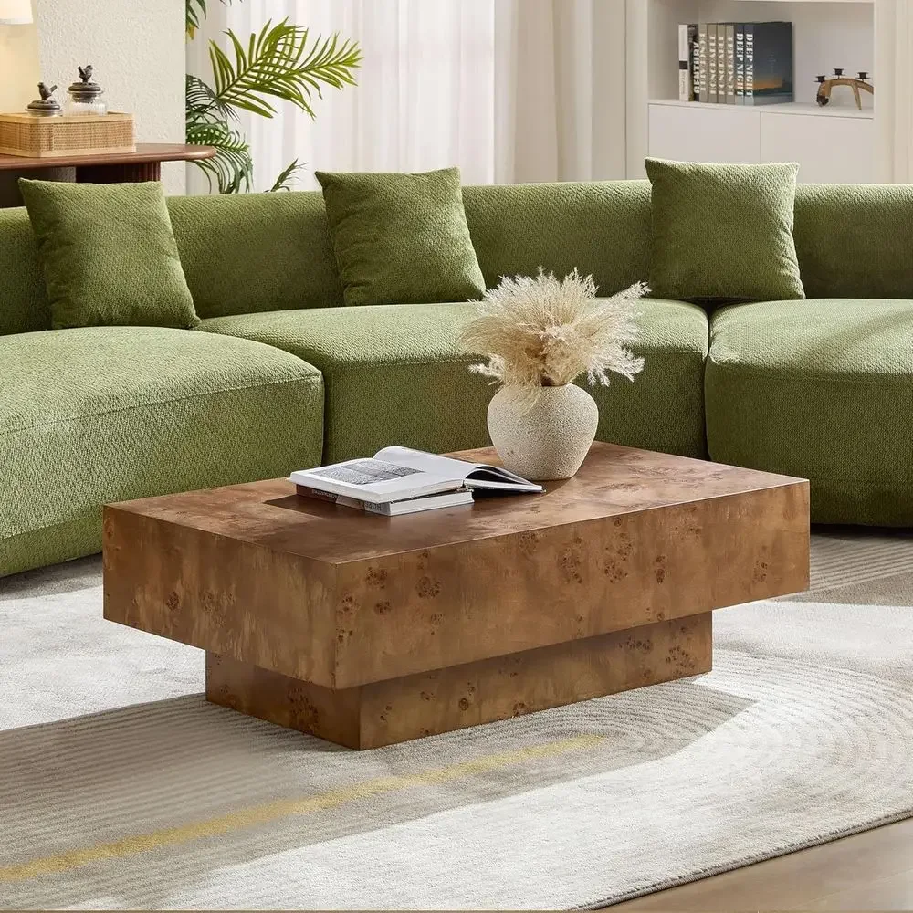 

Rustic Vintage Burl Wood Coffee Table for Living Room, Walnut Finish with Pedestal Base