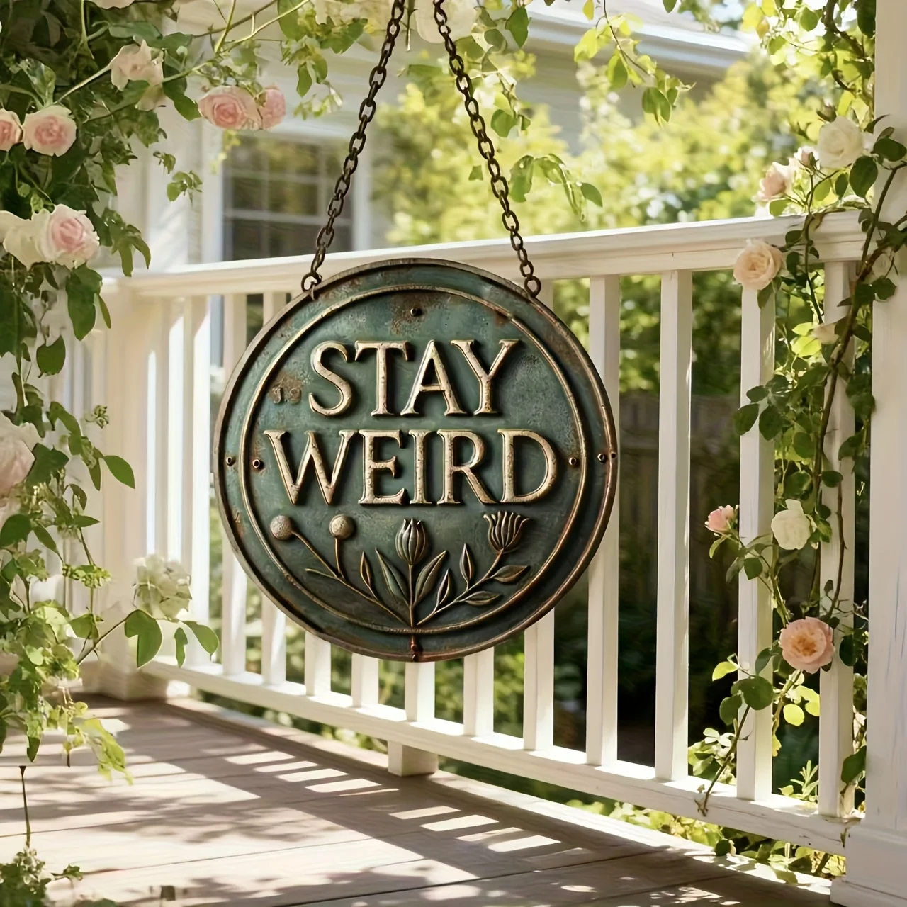 1pc 2D Flat Vintage Individuality Metal Tin Sign for House Porch Decro, 'Stay Weired', Retro Round 8X8 Inch Aluminum Sign