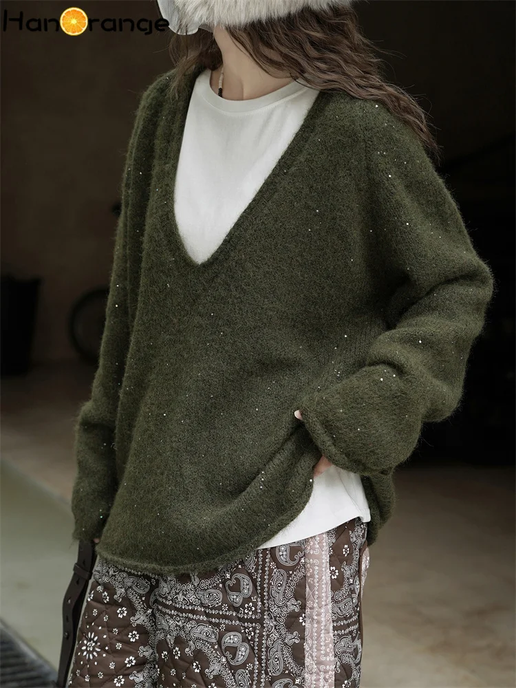 HanOrange 2025 Winter Fashion Laziness Bright Silk Deep V-neck Wool Knitted Sweater Women Loose Casual Top Green
