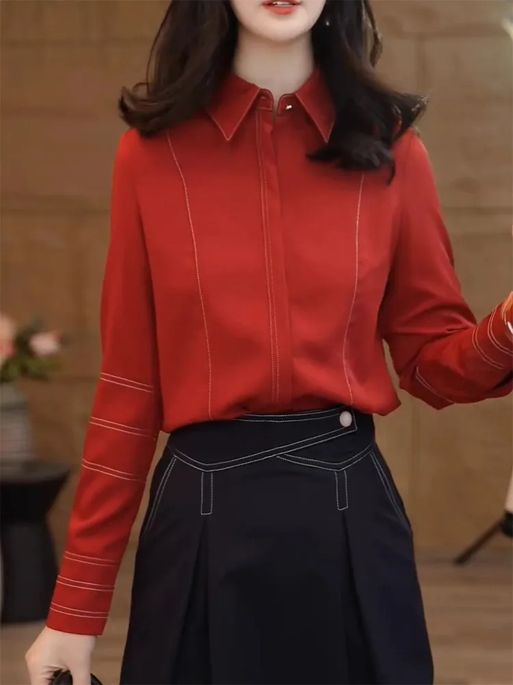 

Long Sve Loose Fit Pure Color Turn-down Collar Women's irt Korean Sle Versatile Top for All Ages Daily Wear