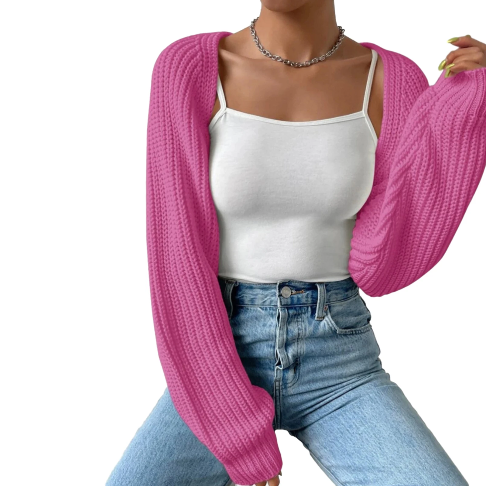 

Collection Women's Open Front Cropped Cardigan Long Sleeve Solid Color Ribbed Knit Shrug Sweater Bolero Tops