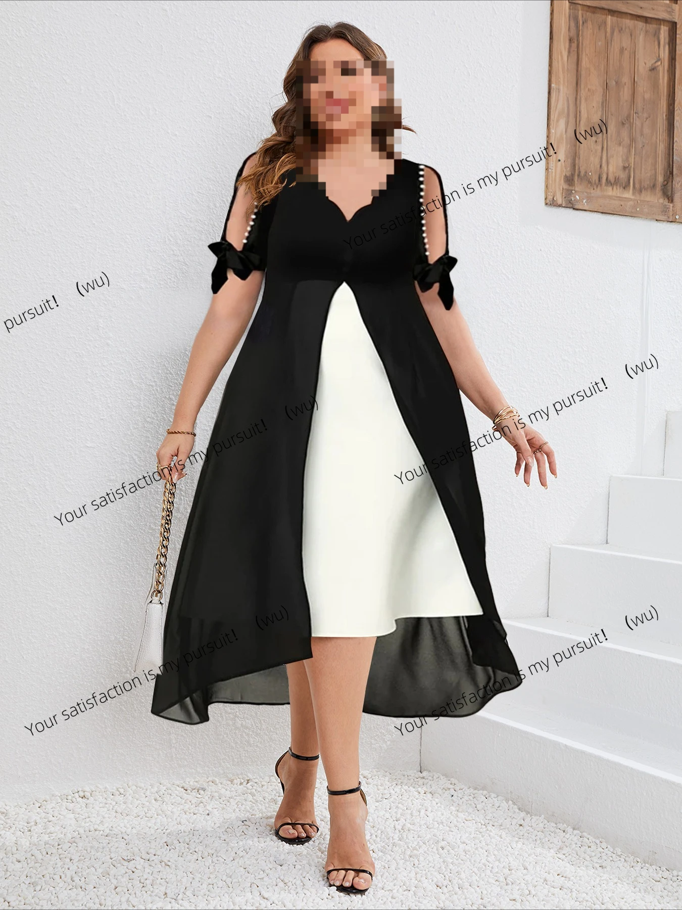 Large size women's V-neck splicing fake two-piece irregular medium-sleeved dress