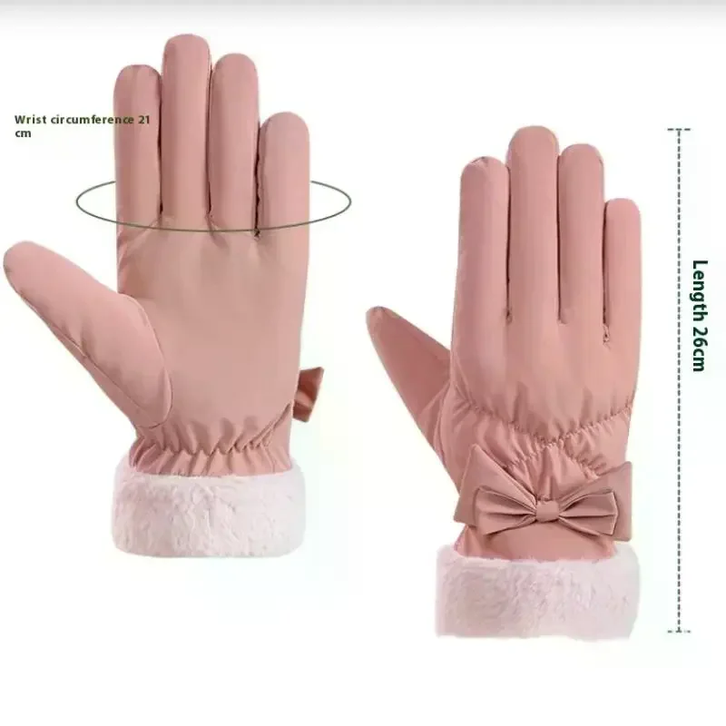 Ski Gloves Women Winter Fleece Thickened Warm Plush Cotton Waterproof Touch-Screen Gloves For Outdoor Riding Mountaineering