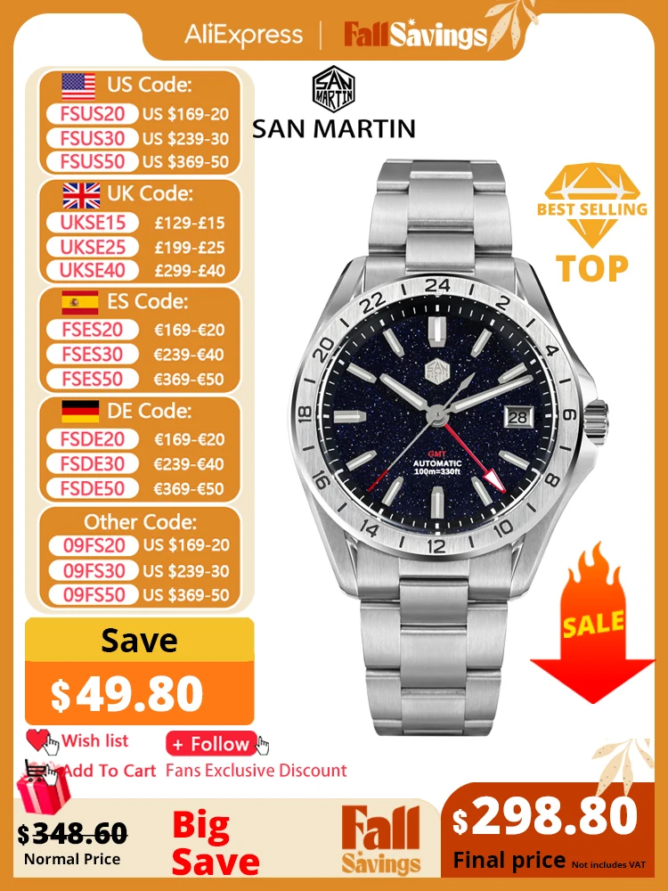 San martin 39mm aventurina pedra preciosa dial relógio masculino de luxo nh34 gmt safira mecânica automática à prova dwaterproof água luminosa sn0129