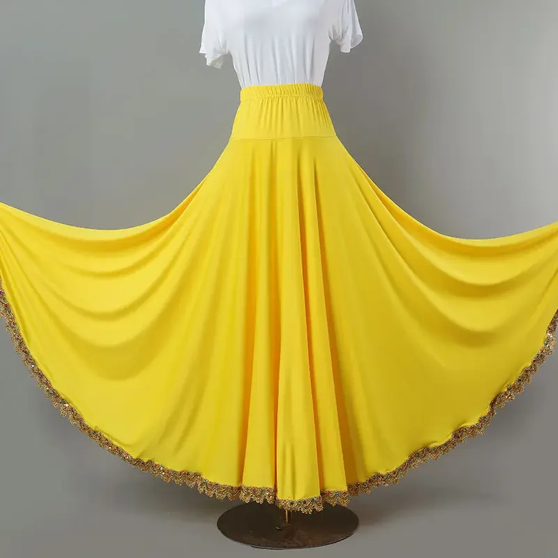 الذهب بوردي قاعة الرقص التنانير الطويلة عالية الخصر مطاطا حزام كشكش أداء زي المرأة الإسبانية الفلامنكو سوينغ تنورة #5