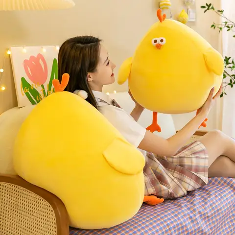 Large-sized cute plush toy yellow chicken. Cute chicken throw pillow for the bed or headboard. Children's birthday gift