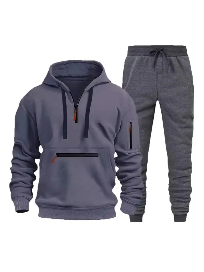 LOGO 2024 Autumn and winter men\'s fleece hoodie set pocket hoodie with multiple zippers