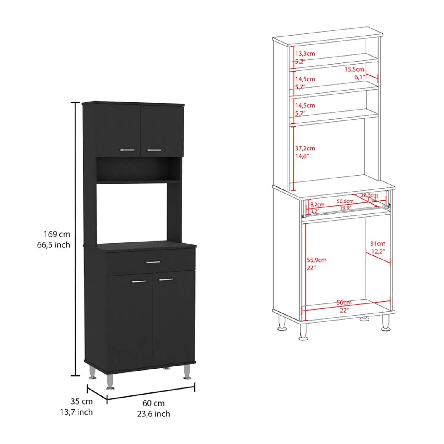 Della 60 Kitchen Pantry with Countertop, Closed & Open Storage Black