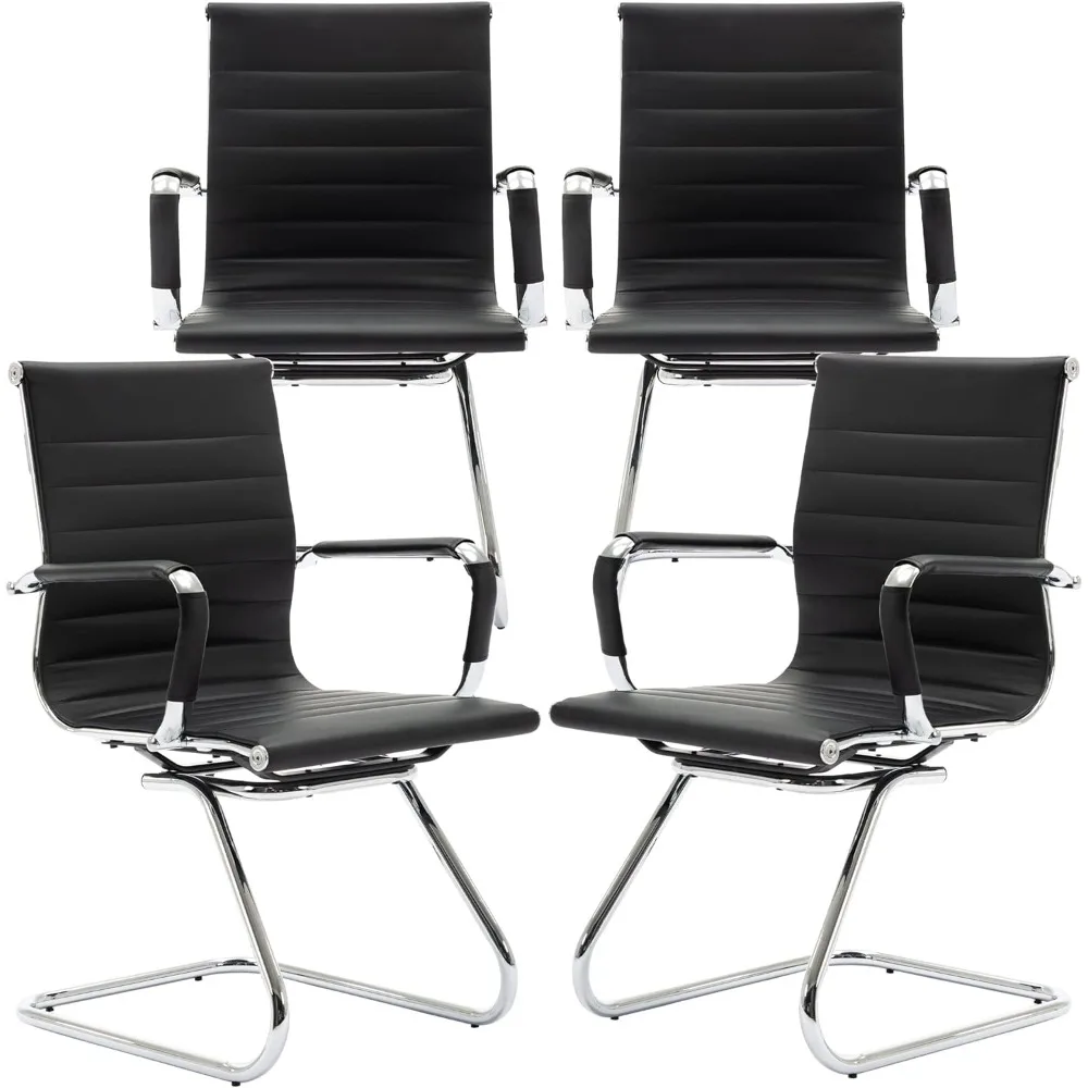 

Black Office Desk Chair No Wheels Set of 4 PU Leather Computer Chairs Mid Back Guest Chairs for School Reception Conference Wait