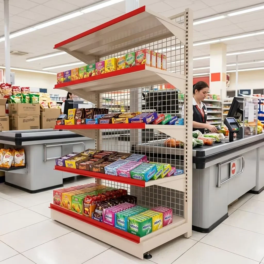 Customizable Metallic Modern Single Sided Perforated Shelf Epoxy Powder Coated Supermarket Shelving Gondola Display