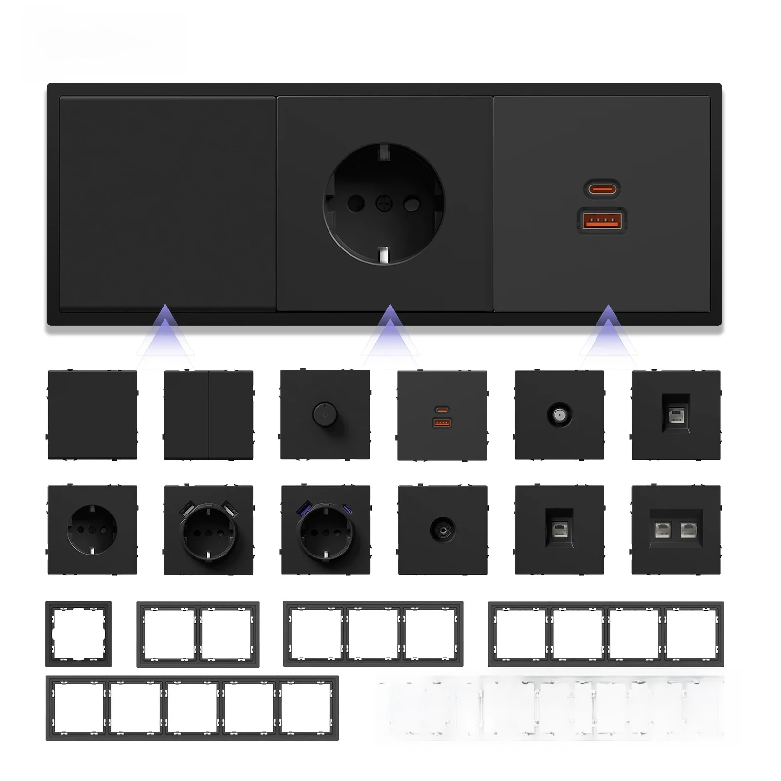 Adea Eu Standard Plastic Frames Mechanical Button Switches 1/2way Power Sockets With Usb Type-c St/tv/cat6 Diy Function Par