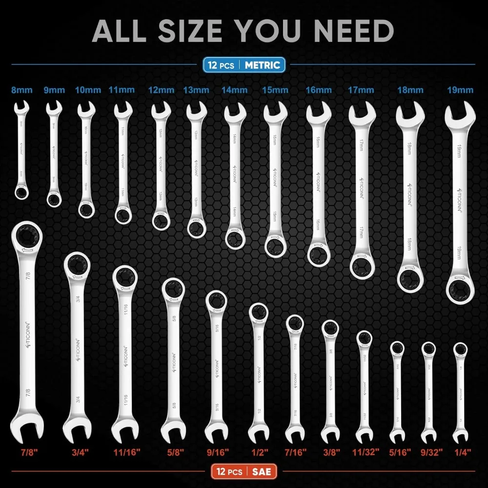 24PCS Ratcheting Wrench Set with Organizer Rack, Professional Slim Profile Mechanic Cr-V Ratchet (12PCS Inch (SAE)