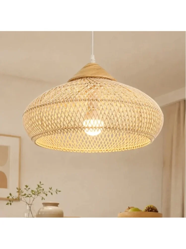 JOYINLED Retro Rattanowa Lampa Wisząca 40x19CM / 60x30CM, Ręcznie Pleciony Żyrandol z Wikliny, Lampa Sufitowa w Stylu Japońskim z Naturalnym Abażurem z Rattanu, Lampa Wisząca E27 do Jadalni, Wyspy — 2