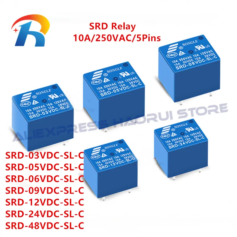 

100Pcs/lot Power Relays SRD-05VDC-SL-C SRD-12VDC-SL-C SRD-24VDC-SL-C SRD-48VDC-SL-C SRD 3V 5V 12V 24V 48VDC SL C 10A 250VAC 5Pin