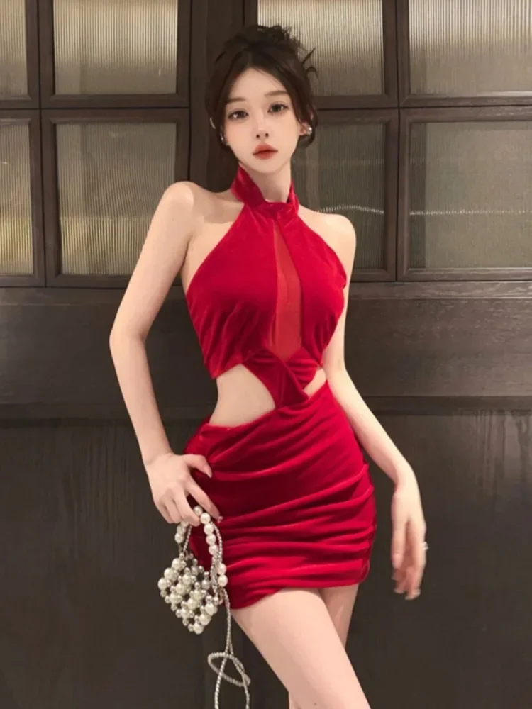 Ezgaga Woman Dress Sleeveless Halter Velvet Patchwork Mesh Hollow Out Slim Stretch Backless Party Dresses Elegant Female