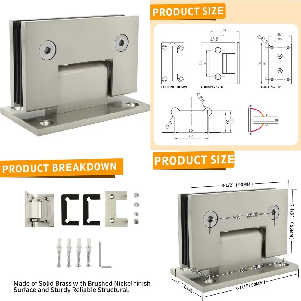 مفصل باب دش نحاسي صلب عالي التحمل 90 درجة، مناسب للزجاج المقسى السميك 3/8 إلى 1/2، تركيب من الجدار إلى الإطار، Du
