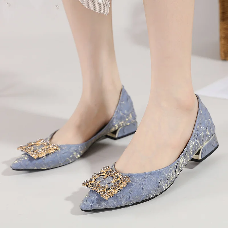 

Fashion Blue Satin Rhinestone Buckle Women's Sandals Pointed Women's Shoes Thick Heel Single Shoes for Women Sandalias De Mujer