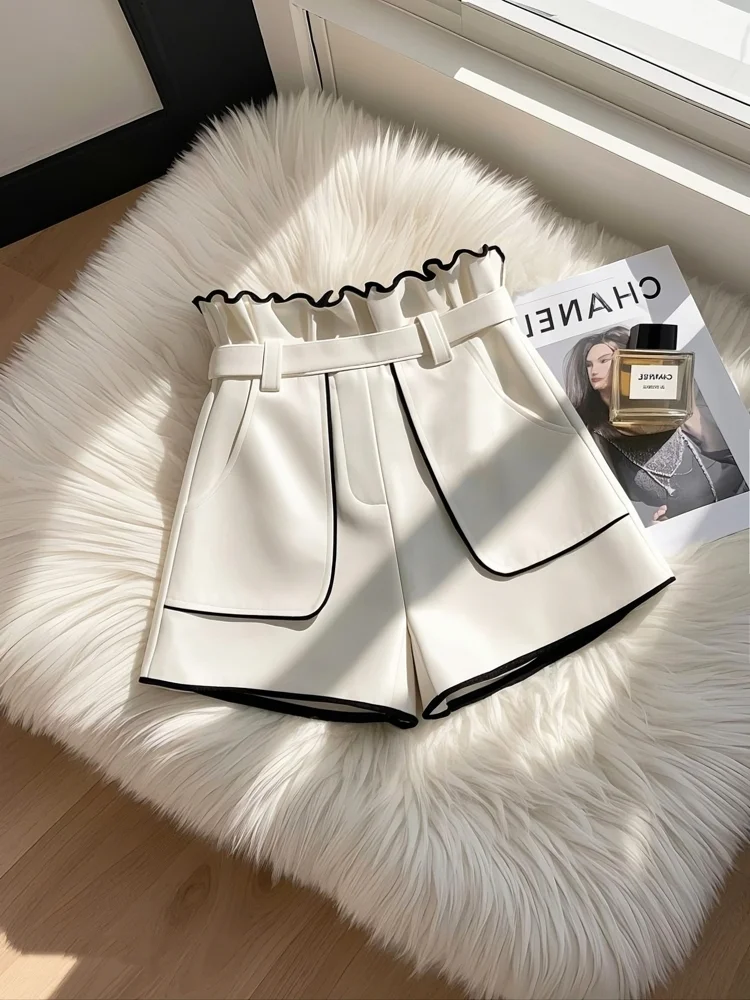 New High End Fashion Shorts Women Spring High Waist Slim A-line Solid Color Pockets Elegant Wide Leg Shorts Contrast Office Lady