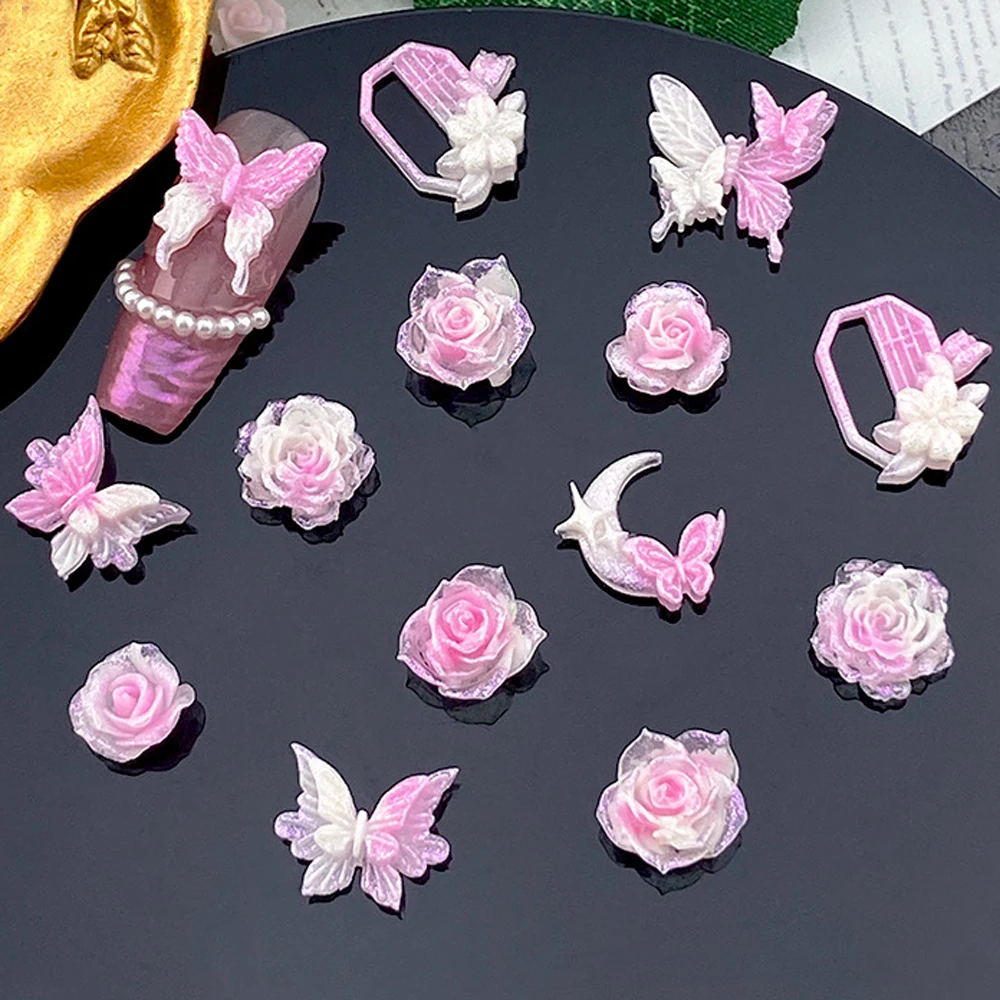 20 Stuks Gradiënt Butterfiy Boog Nail Art Bedels 3d Hars Noctilucent Roze Wit Rose Maan Nagel Decoratie Schattige Diy Nagel Benodigdheden