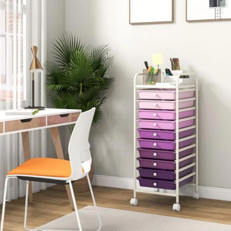Storage Cart, Rolling Utility Cart with 10 Drawers, Portable Handles and Lockable Wheels, Mobile Paper Toys Storage Organizer L