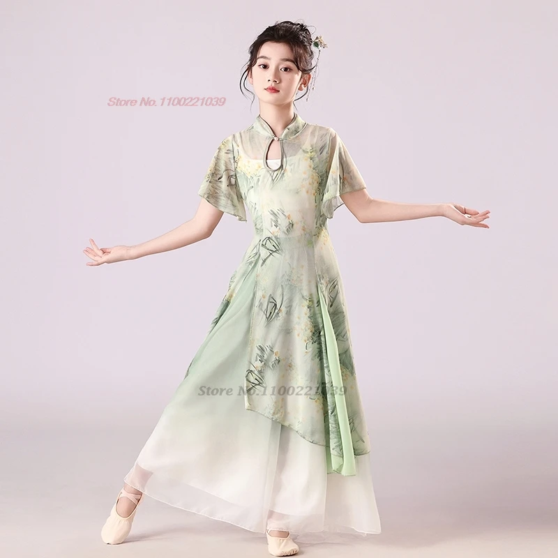 

2025 chinese vintage childern folk dance dress flower print mesh qipao dress+pants traditional stage performance dance costume