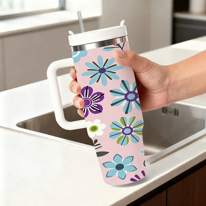 Stainless Steel 40Oz Insulated Tumbler with Whimsical Pink-Tone Floral Digital Print, Reusable Hot And Cold Beverage Holder, Ideal for Daily Commute, Office Use, And Outdoor Activities