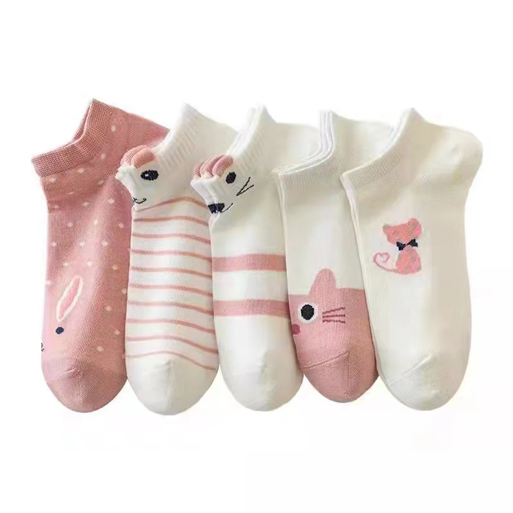 SHXI 5 Pairs Pink Cat Women's Short Tube Socks Thin Four Seasons Cute Boat Sockslow Top Ins Trendy Socks Women's Short Socks