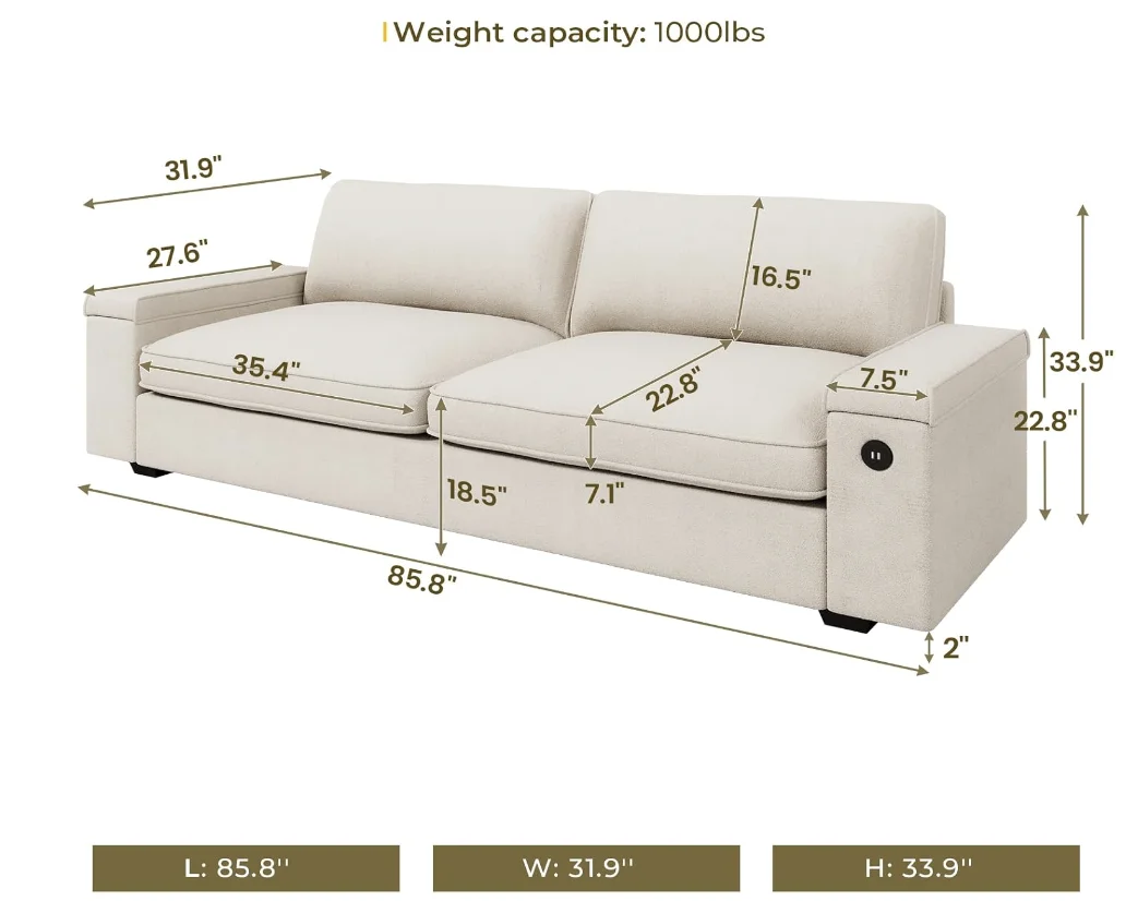 Canapés modernes pour salon, canapé confortable avec sièges extra profonds, sofa causeuse avec rangement et 2 chargeurs USB