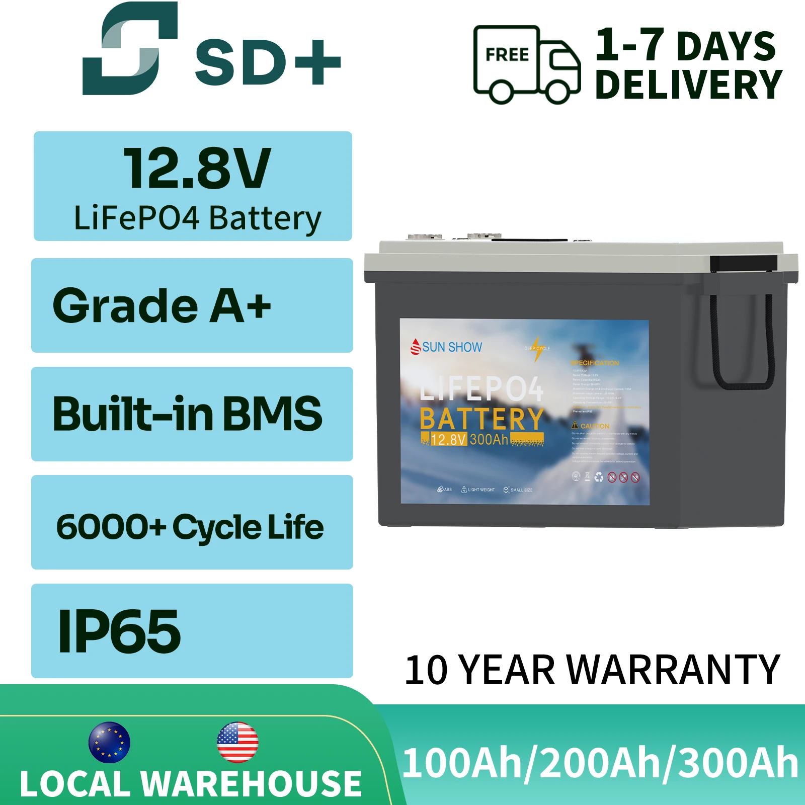 

Аккумулятор SANDI SOLAR LiFePO4 12.8В 100Ач/200Ач/300Ач, литий-железо-фосфатный аккумулятор 12В, 6000 циклов, для автодомов, кемперов, лодок, гольф-каров