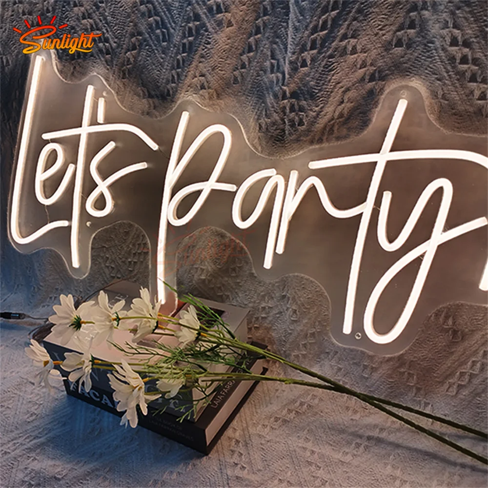 Let's Party-Sinal de néon personalizado com dimmer, luzes LED brancas quentes, lâmpada grande para casamento, festa de aniversário, decoração de parede, 70cm