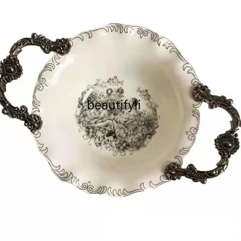 yj European Ceramic French Court Silver Plated Afternoon Tea Soup Bowl with Lid Binaural Fruit Snack Dish