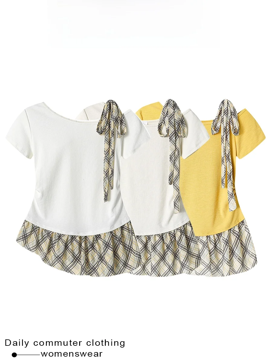 Sweet And Spicy Style Spliced Checkered Strap Short Sleeve T-Shirt Women's Summer New Asymmetrical Neckline Shoulder Exposure...