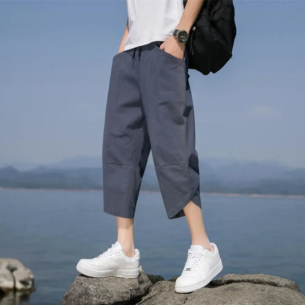 Men Beachwear Pants Men's Casual Cropped Pants with Side Pockets Drawstring Elastic Waist Solid Color Gym for Beach for Active