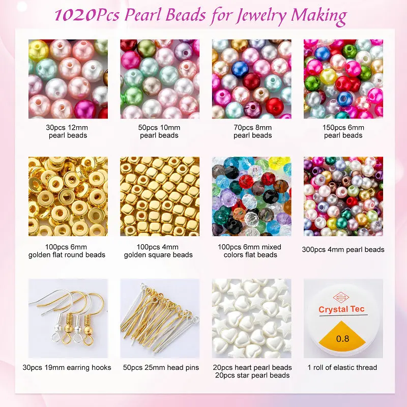 1020PCS Pearl Beads Kit Multicolor Pearl Beads Small Loose Pearl Filler Beads for Jewelry Making Bracelet Necklace Earrings DIY