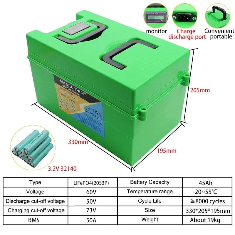 60V 45Ah Lifepo4 32140 new rechargeable battery pack with built-in 50A BMS electric vehicle 20S3P with display 3200W high power