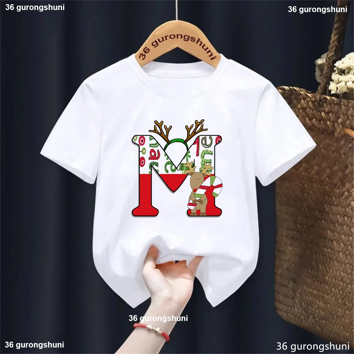 26 Letter Merry Christmas Tree Reindeer T-Shirt Brithday Name Tshirt Happy New Year 2025 Party Gift Boys Girls Kids Clothes Tops