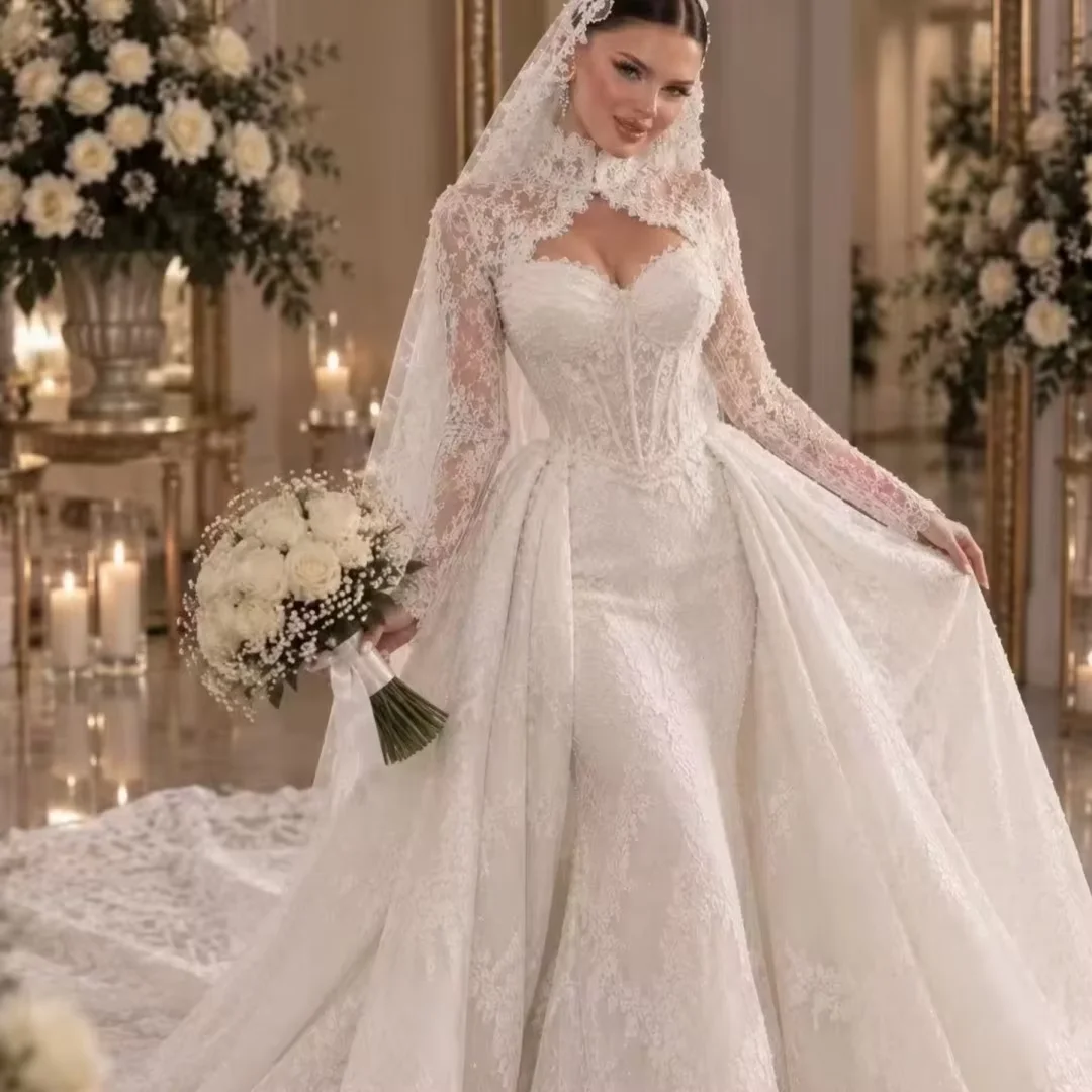 Customization Romantic Long Sleeves Lace Wedding Dresses Sweetheart Neck Backless Court Train Bride Vestidos De Novias