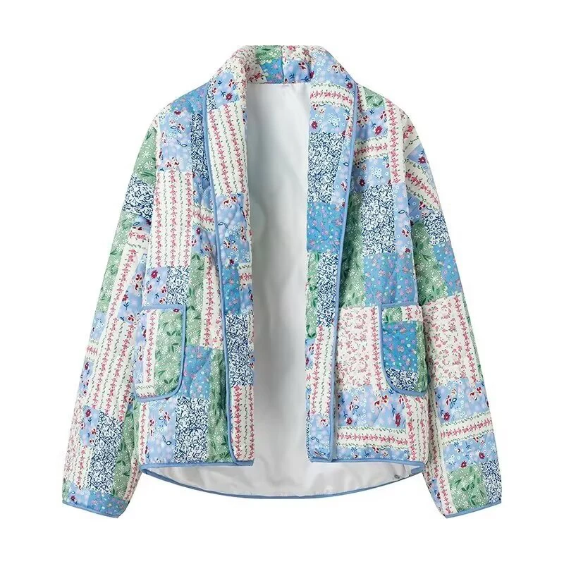 

YENKYE Autumn Women Patchwork Floral Print Padded Jacket Coat Long Sleeve Shawl Collar Female Oversize Outerwear Quilted Outfits