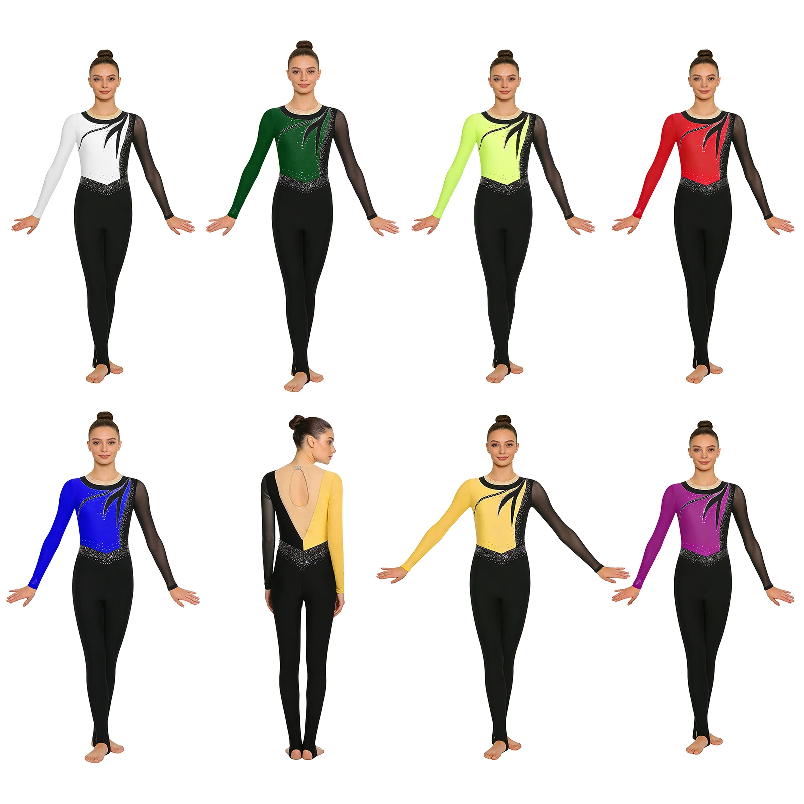 Frauen Gymnastik Ganzanzug Strampler Strass Kontrast Farbe Mesh Langarm Steigbügel Leggings Bodysuit Overall für Skating Dance