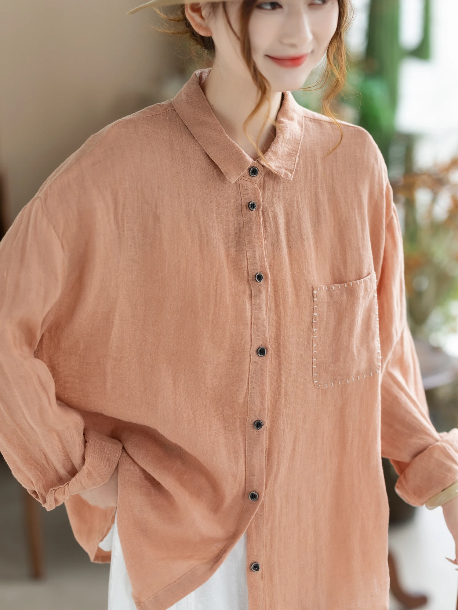 

Camiyu 100% Linen Casual Women's Long Sleeve Shirt Spring Autumn Loose Slimming Casual Versatile Women's Small Shirt