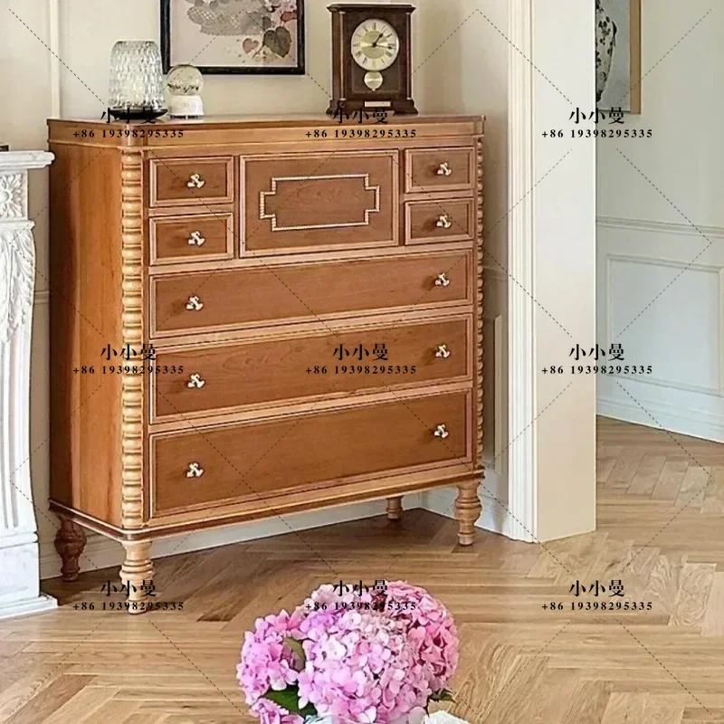 French retro solid wood living room storage relief decoration multi-layer storage carved chest
