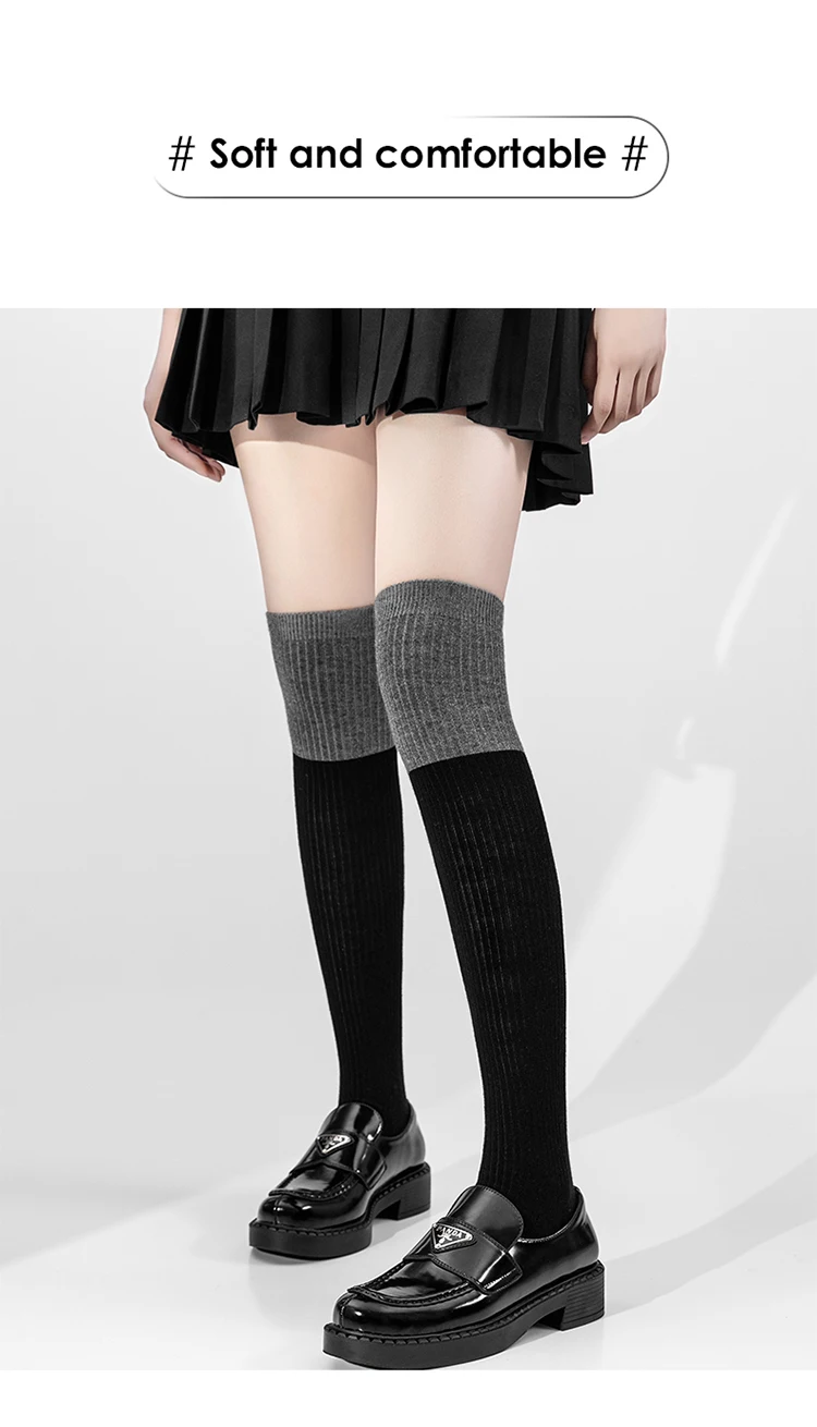 2-farbige Woll-Kniestrümpfe für Damen, gestrickte lange Socken, farblich abgestimmte gerippte warme Wintersocken, 1 Paar, weich, für den Urlaub – Detail 3