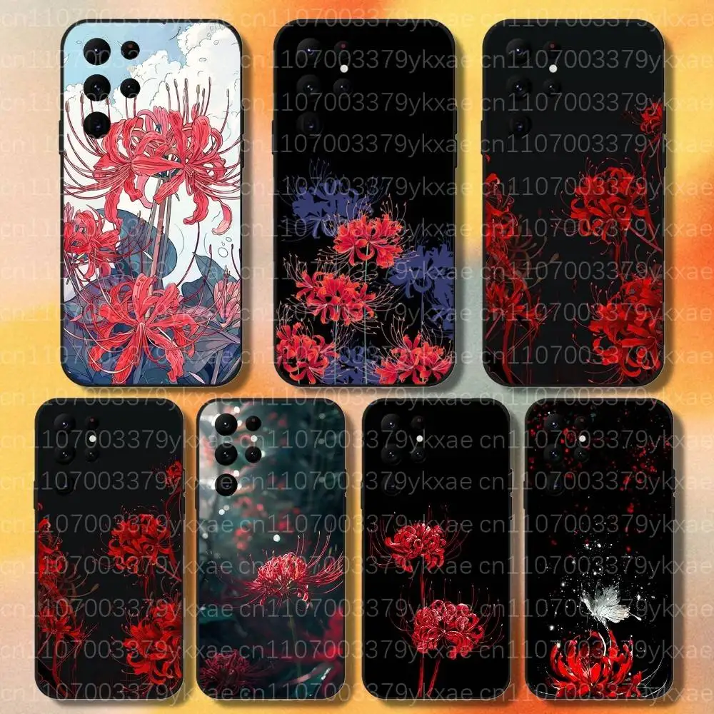 Spider Lily Red Flowers Phone Case For Samsung S 25,24,23,22,30,21,10,9,Ultra,Plus,Lite,FE,4,5G Black Soft Case