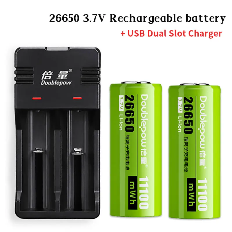 26650 3.7V Rechargeable Battery Li-ion Batteries 11100mWh for Strong Light Flashlight Solar Street Light Power Tool +USB Charger